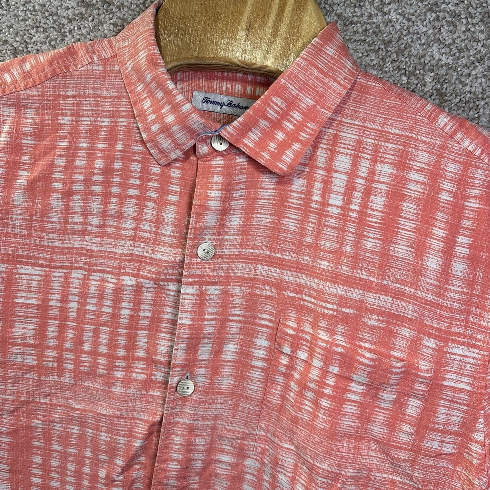 Tommy Bahama Shirt Mens Large Orange Geometric Silk Short Sleeve Button Up